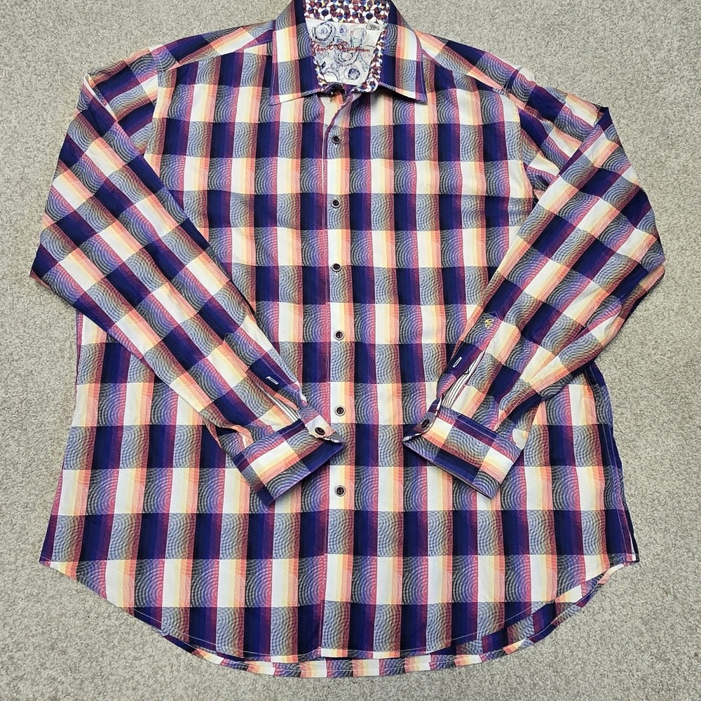 Robert Graham Bright Plaid Hypnotic Swirl Shirt Multicolor Contrast Flip Cuff XL - Picture 4 of 9